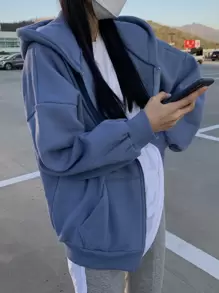 DAZY 落肩抽绳拉链保暖连帽衫、长袖上衣、秋季女装运动衫夹克 - 霧霾藍 - 查看 2