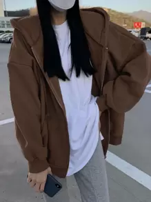 DAZY Áo hoodie giữ nhiệt có dây rút dây kéo vai - Cà phê nâu - Xem 3