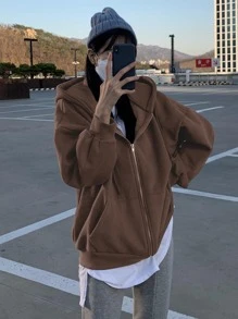 DAZY Áo hoodie giữ nhiệt có dây rút dây kéo vai - Cà phê nâu - Xem 4