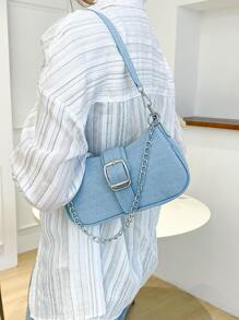 low tea Được trang trí bằng các chi tiết khóa & chỉ và viền dây chuyền, Túi xách nữ dài hình chữ nhật có khóa đeo vai trang trí. Thích hợp để mua sắm, hẹn hò hoặc làm quà tặng. Có thể được sử dụng làm ví cầm tay và túi đeo chéo cỡ nhỏ/vừa cho các cô gái tuổi teen, sinh viên đại học, đi làm, kinh doanh và đi lại. Thời trang đường phố. - Màu xanh lam - Xem 5