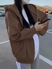 DAZY Áo hoodie giữ nhiệt có dây rút dây kéo vai - Cà phê nâu - Xem 5