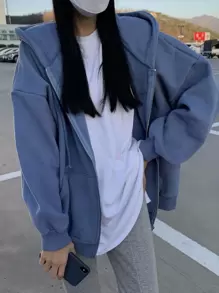 DAZY 落肩抽绳拉链保暖连帽衫、长袖上衣、秋季女装运动衫夹克 - 霧霾藍 - 查看 5