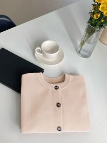 DAZY 纽扣前落肩开衫，秋季女装夹克 - 杏色 - 查看 3