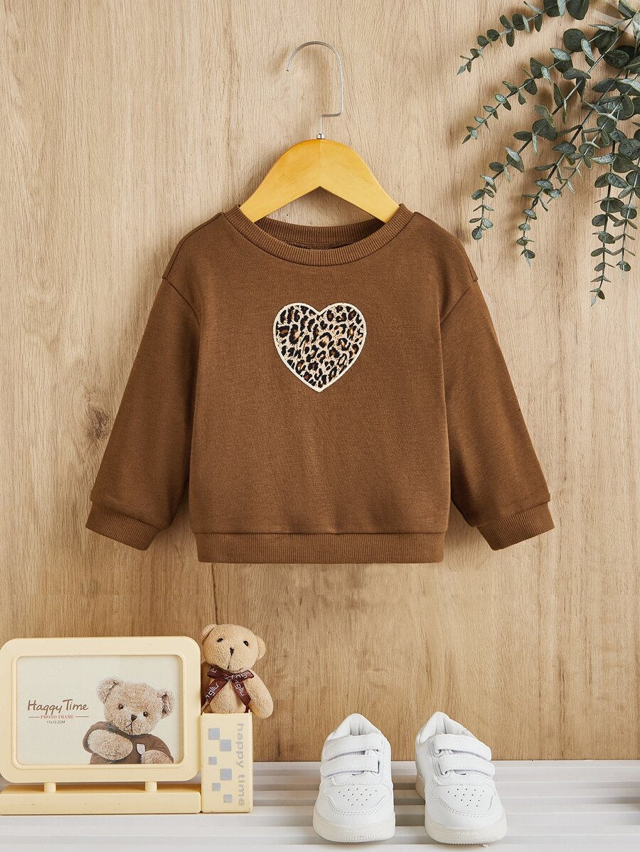 SHEIN Baby Leopard & Heart Print Sweatshirt - Brown - View 1