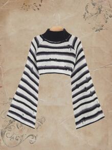 ROMWE Fairycore Striped High Neck Ripped Sweater - Multicolor - View 1