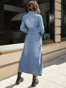 翻蓋口袋腰帶牛仔襯衫連衣裙 - 淺色水洗藍 - 查看 2