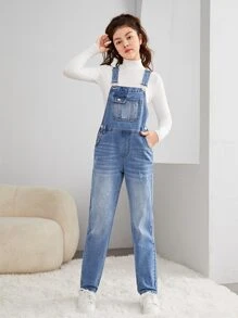 SHEIN Teen Girls Kangaroo Pocket Denim Dungarees - Medium Wash - View 4