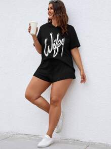 Calvaya 大碼字母連帽T恤和短褲 - 黑色 - 查看 1