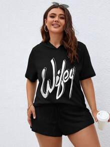 Calvaya 大碼字母連帽T恤和短褲 - 黑色 - 查看 3