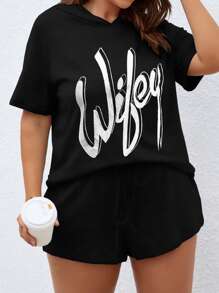 Calvaya 大碼字母連帽T恤和短褲 - 黑色 - 查看 4