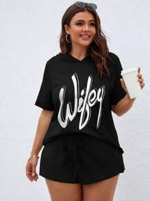 Calvaya 大碼字母連帽T恤和短褲 - 黑色 - 查看 5