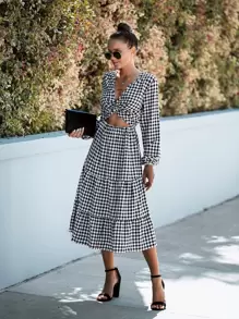 SHEIN LUNE Gingham Twist Cut Out Ruffle Hem Bishop Sleeve Dress - Black and White - View 1