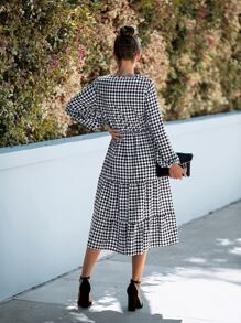 SHEIN LUNE Gingham Twist Cut Out Ruffle Hem Bishop Sleeve Dress - Black and White - View 2