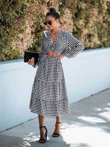 SHEIN LUNE Gingham Twist Cut Out Ruffle Hem Bishop Sleeve Dress - Black and White - View 3