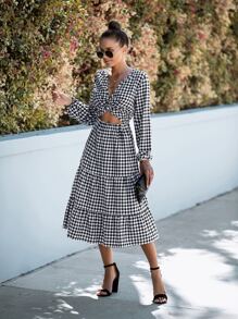 SHEIN LUNE Gingham Twist Cut Out Ruffle Hem Bishop Sleeve Dress - Black and White - View 4