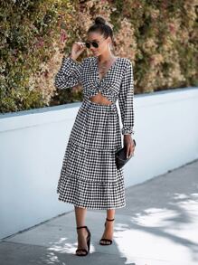 SHEIN LUNE Gingham Twist Cut Out Ruffle Hem Bishop Sleeve Dress - Black and White - View 5