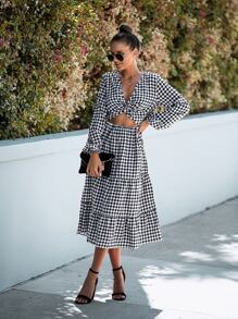 SHEIN LUNE Gingham Twist Cut Out Ruffle Hem Bishop Sleeve Dress - Black and White - View 6