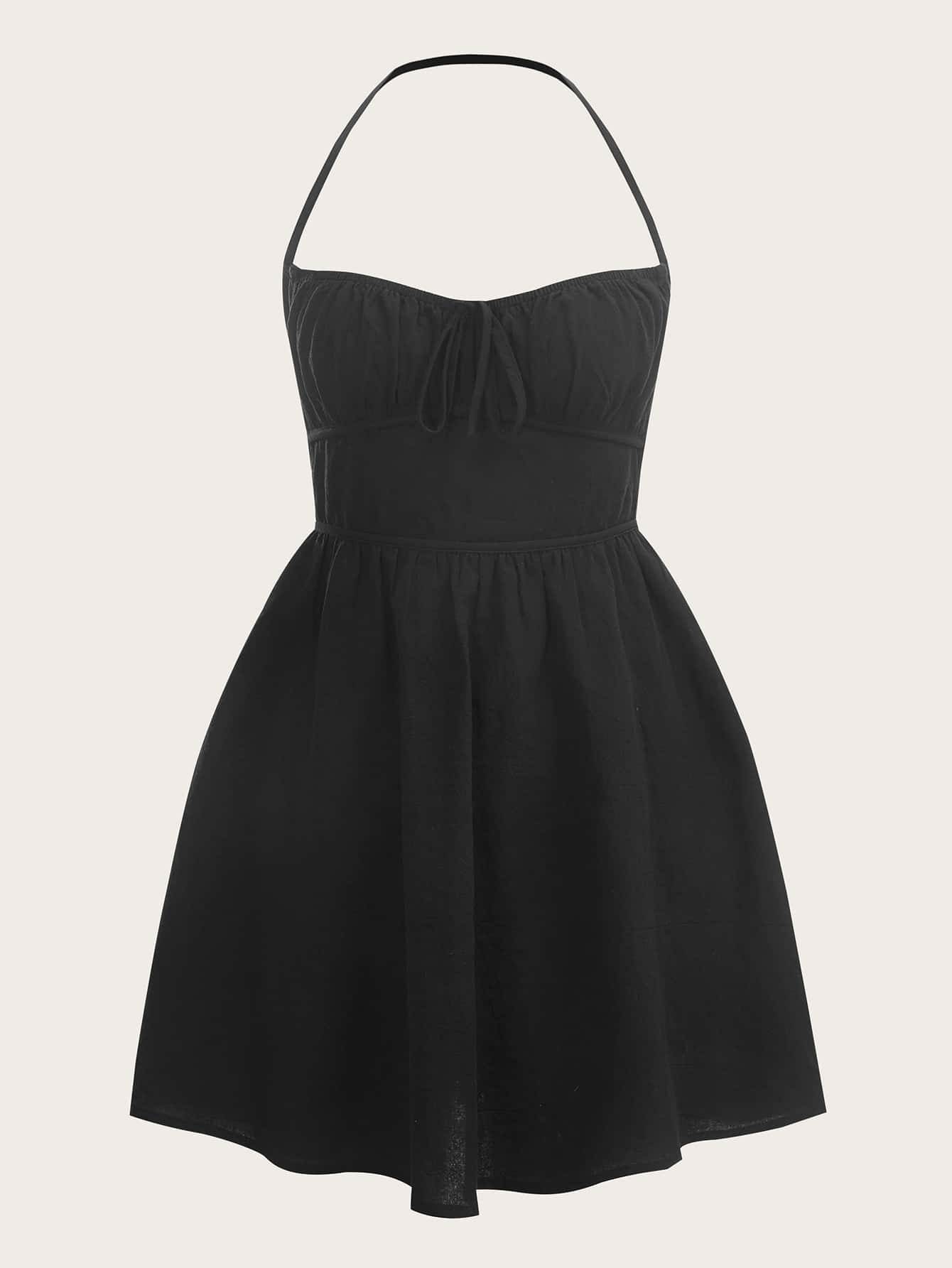 SHEIN EZwear Vestido halter con cordón delantero pecho con fruncido de espalda abierta con cordón - Negro - Ver 1