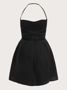 SHEIN EZwear Vestido halter con cordón delantero pecho con fruncido de espalda abierta con cordón - Negro - Ver 2