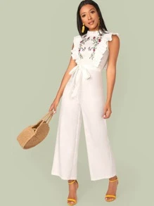 Modelyn Mock Neck Ruffle Trim Embroidery Belted Palazzo Jumpsuit - White - View 1