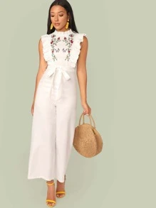 Modelyn Mock Neck Ruffle Trim Embroidery Belted Palazzo Jumpsuit - White - View 5