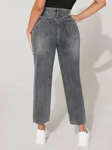 SHEIN PETITE Ripped Mom Fit Jeans - Light Grey - View 2