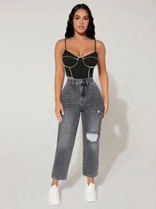 SHEIN PETITE Ripped Mom Fit Jeans - Light Grey - View 4