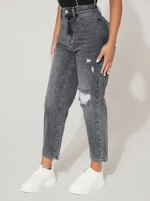 SHEIN PETITE Ripped Mom Fit Jeans - Light Grey - View 1