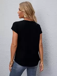 SHEIN Clasi Dobby Mesh Insert Batwing Sleeve Top - Black - View 2