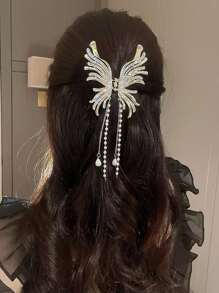 Rhinestone & Faux Pearl Decor Butterfly Design Hair Claw - Gold - View 1