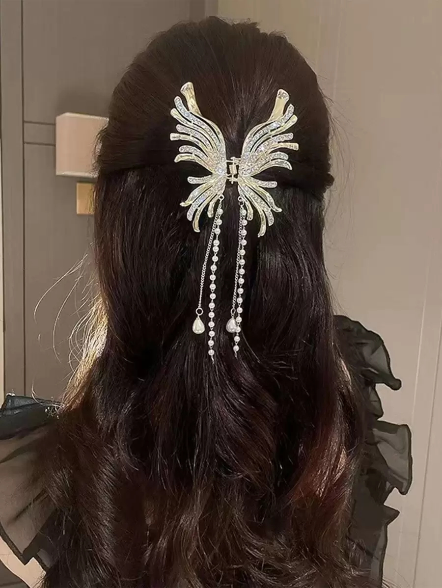 Rhinestone & Faux Pearl Decor Butterfly Design Hair Claw - Gold - View 1