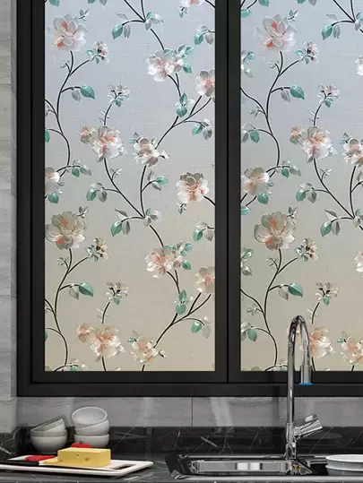 1 pieza Vinilo adhesivo con estampado de flores para privacidad de ventana, película estática sin pegamento para decoración del hogar, pegatinas, decoración de pared, decoración de hogar para primavera, artículos de decoración de festivales, regalos de cumpleaños y graduación
