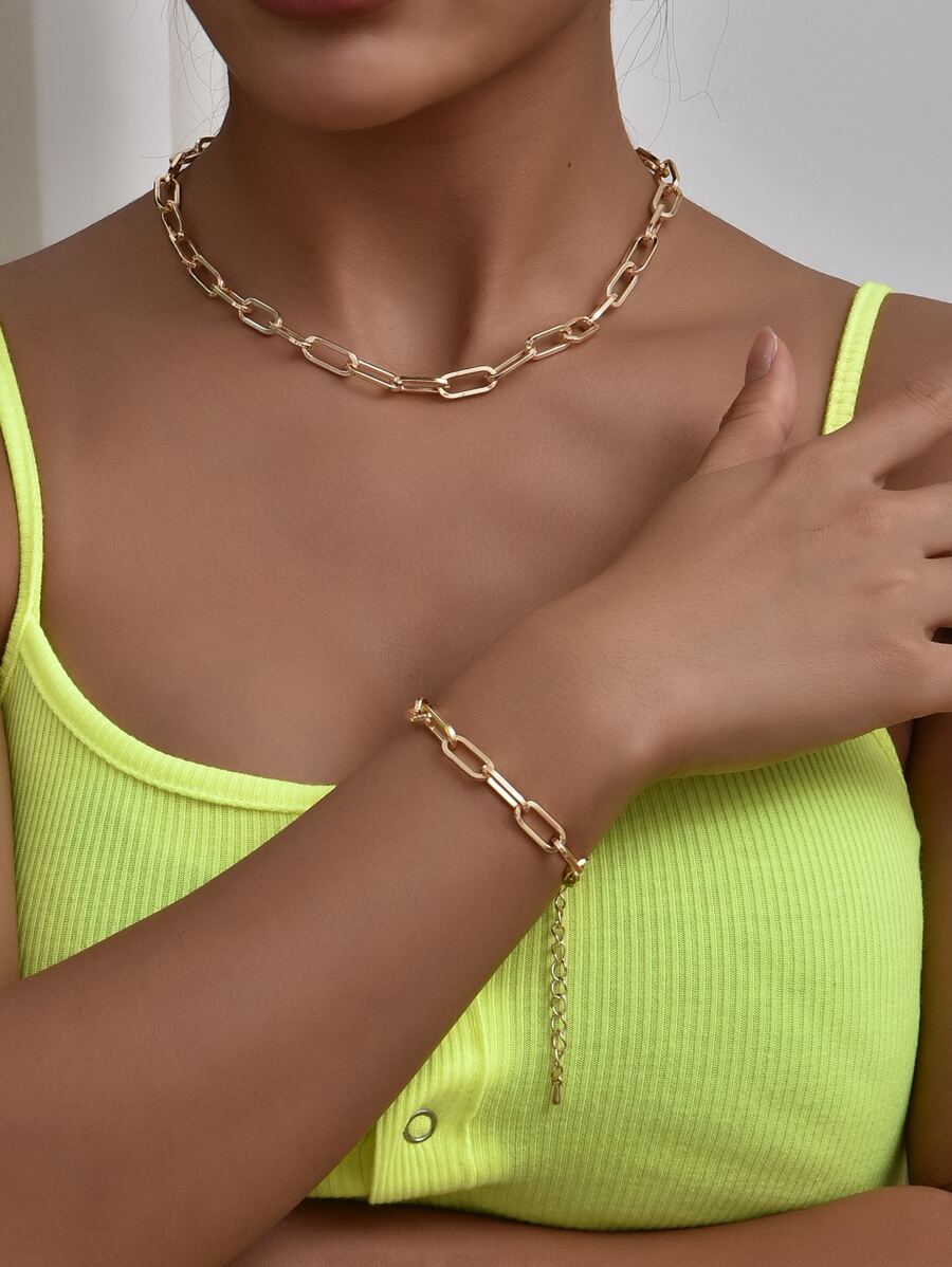1pc Simple Necklace & 1pc Bracelet - Yellow Gold - View 1