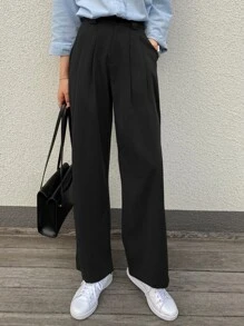 DAZY Solid Wide Leg Plicated Detail Trousers - Black - View 1