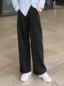 DAZY Solid Wide Leg Plicated Detail Trousers - Black - View 3