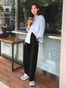 DAZY Solid Wide Leg Plicated Detail Trousers - Black - View 5