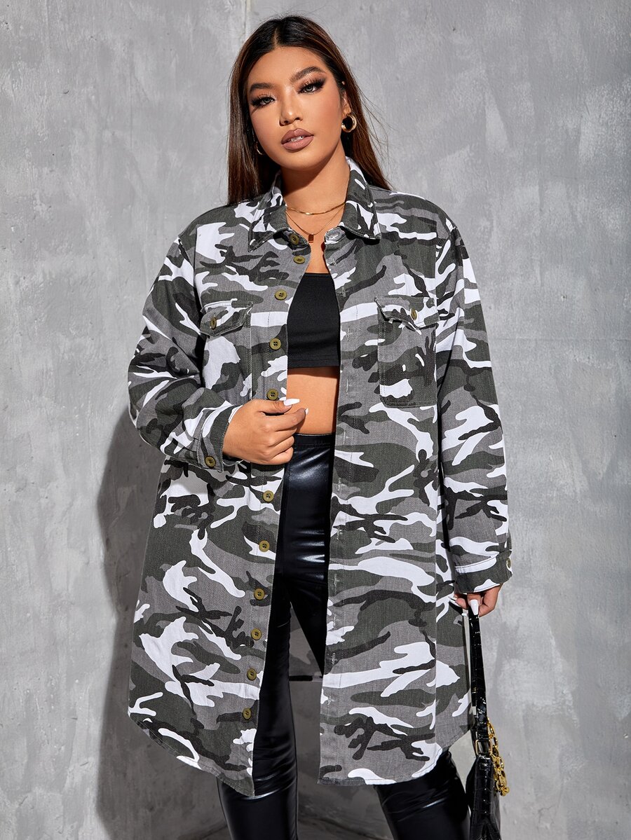 SHEIN SXY Plus Camo Print Denim Coat Without Belt - Grey - View 1