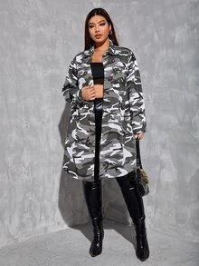SHEIN SXY Plus Camo Print Denim Coat Without Belt - Grey - View 5