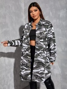 SHEIN SXY Plus Camo Print Denim Coat Without Belt - Grey - View 3