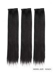 合成接髮 3 件組 18 吋全頭夾式接髮女式厚天然接髮絲滑直發 - 黑色 - 查看 2