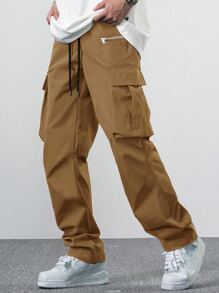 Claim Dot Men Solid Drawstring Waist Cargo Pants - Khaki - View 1