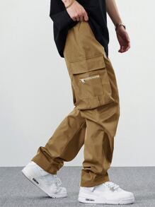 Claim Dot Men Solid Drawstring Waist Cargo Pants - Khaki - View 4
