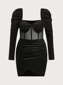 SHEIN Privé Plus Mesh Insert Sweetheart Neck Gigot Sleeve Tulip Hem Velvet Bodycon Dress - Black - View 1