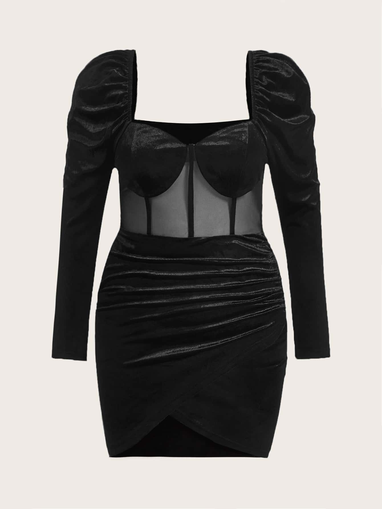 SHEIN Privé Plus Mesh Insert Sweetheart Neck Gigot Sleeve Tulip Hem Velvet Bodycon Dress - Black - View 1