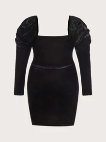 SHEIN Privé Plus Mesh Insert Sweetheart Neck Gigot Sleeve Tulip Hem Velvet Bodycon Dress - Black - View 2