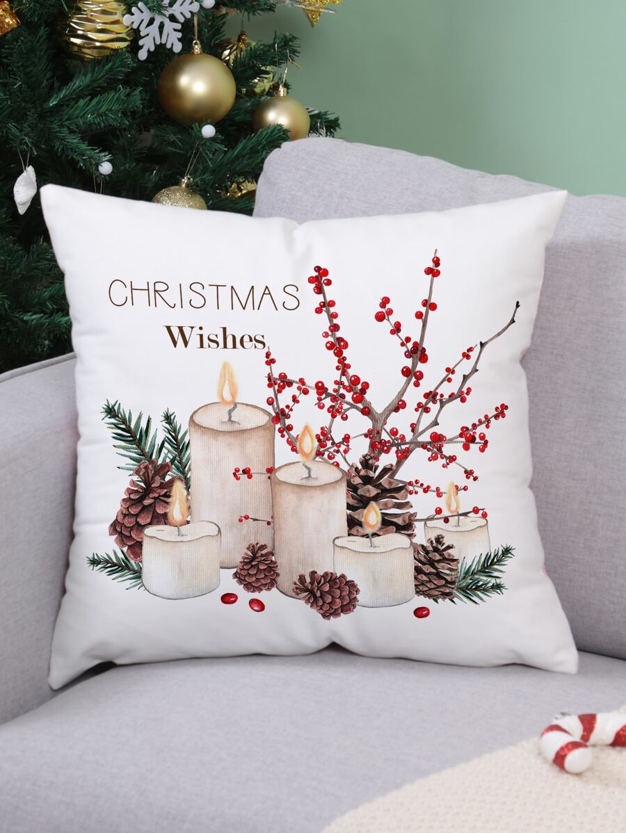 1pc Knitted Pattern Christmas Printed Pillow Cover Without Filling - White - View 1