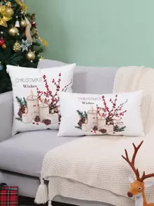 1pc Knitted Pattern Christmas Printed Pillow Cover Without Filling - White - View 8