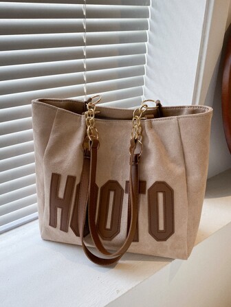 Letter Patch Detail Faux Suede Shoulder Tote Bag, Suede Bag Purse, Newest Fashionable Suede Bag For Women