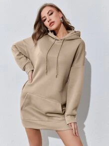 SHEIN Essnce Kangaroo Pocket Drop Shoulder Drawstring Hoodie Dress - Khaki - View 1