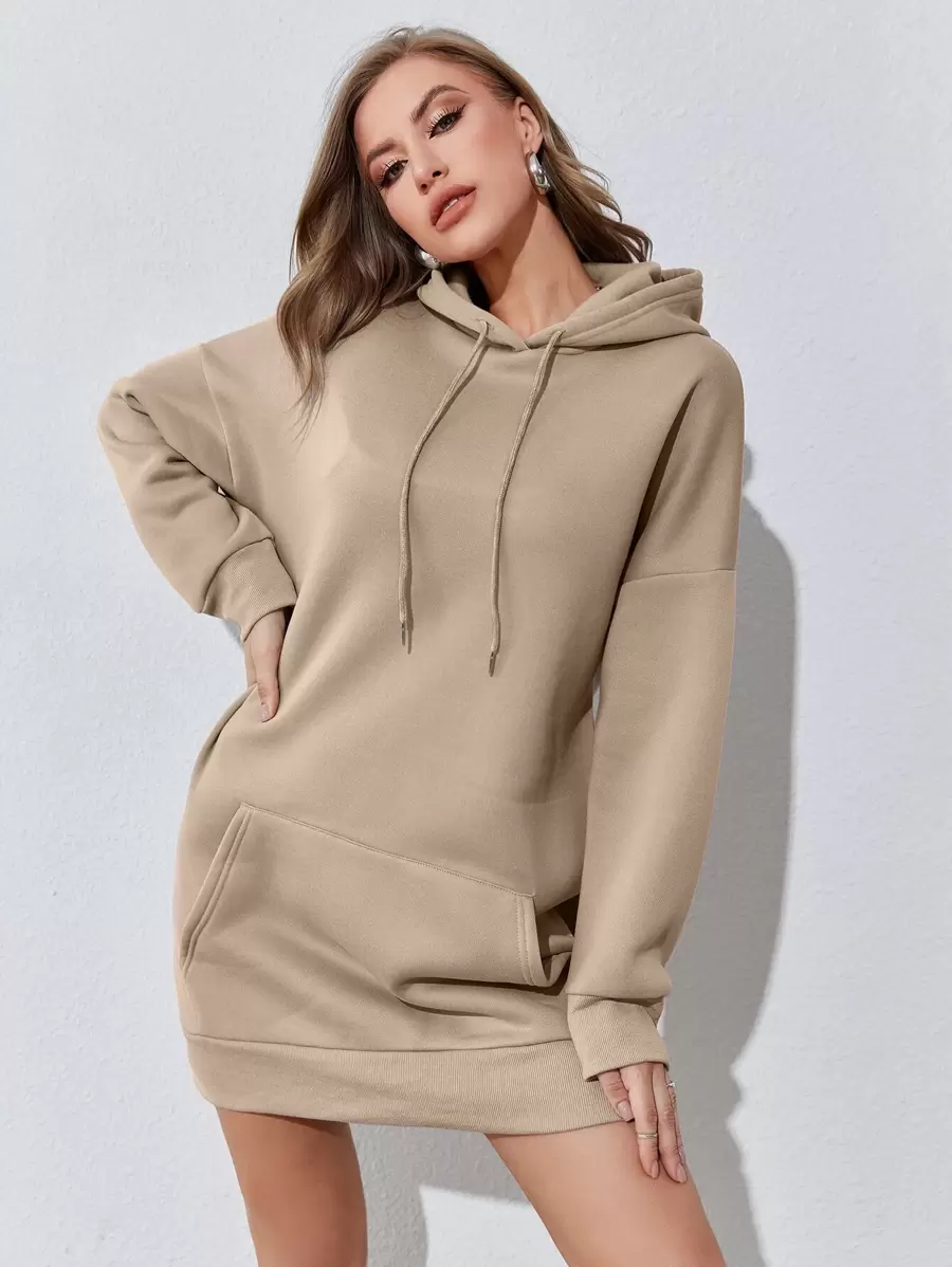 SHEIN Essnce Kangaroo Pocket Drop Shoulder Drawstring Hoodie Dress - Khaki - View 1